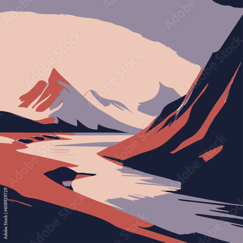 sunset in mountains, landscape with mountains flat vector illustration,  vector gradient mountain landscape