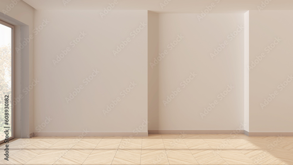 Wooden empty room interior design, open space with herringbone parquet floor, white walls, modern contemporary architecture concept idea Wooden empty room interior design, open space with herringbone parquet floor, white walls, modern contemporary architecture concept idea