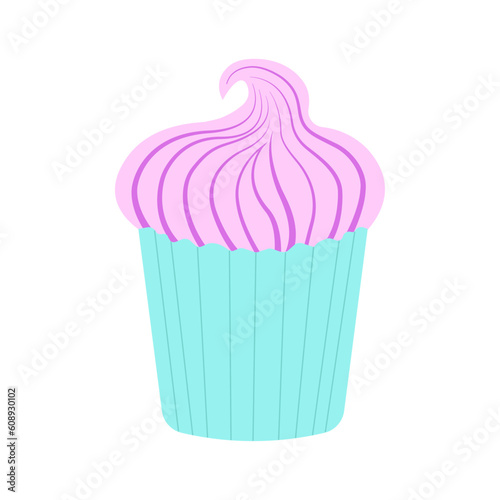 Food icon pink cupcake with icing in a mint color wrapper on a transparent and white background. Isolated element for design decoration. Vector illustration. Close-up image. Graphic design.