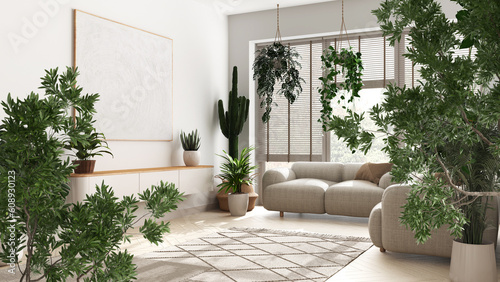 Green summer or spring leaves, tree branch over interior design scene. Natural ecology concept idea. White minimal living room with many houseplants. Urban jungle design