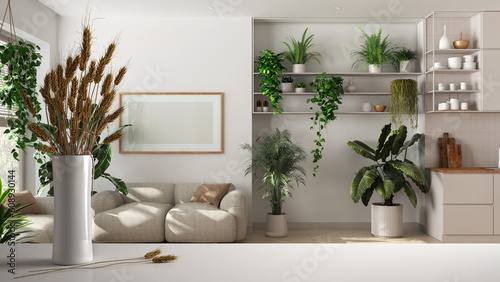 White table top or shelf with straws  dry plants  ornament  ears  sheaf  branch in vase  over kitchen and living room  houseplants  architect interior design  urban jungle