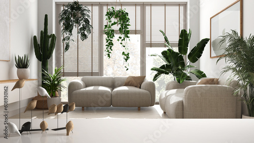 White table top or shelf with minimal bird ornament, birdie knick - knack over modern white living room, architecture interior design, urban jungle, interior design photo