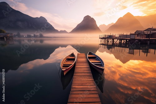 sunset over a pier on with boats on a lake photo