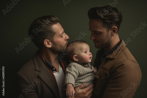 Intimate portrait of a queer family of two men and their children photo