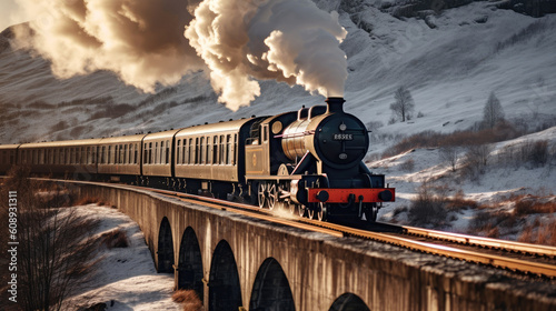 Hogwart Express Steam Train traveling on the Glenfinnan Viaduct in Scotland. Generative AI