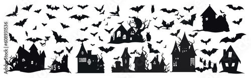 Halloween horror house collection, old castle silhouette building bats, wallpaper sticker pattern medieval buildings © Alen