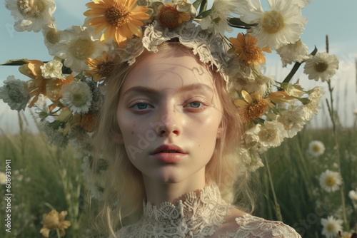 portrait of a girl in a wreath of flowers