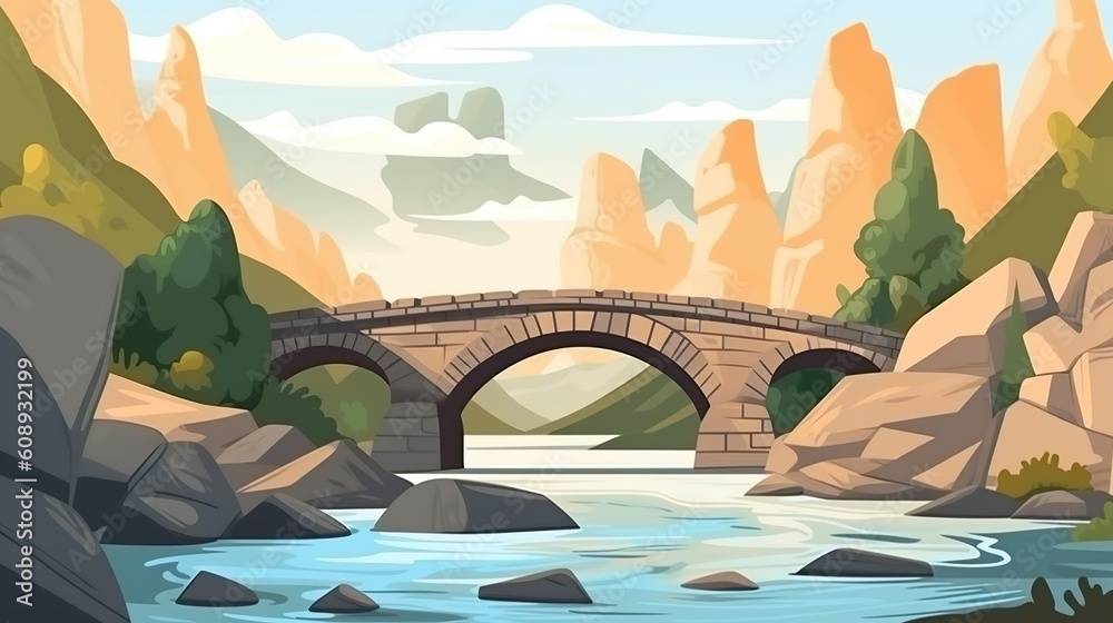 Background gorge. A  illustration of a bridge spanning a majestic gorge, set against an abstract background. Generative AI.