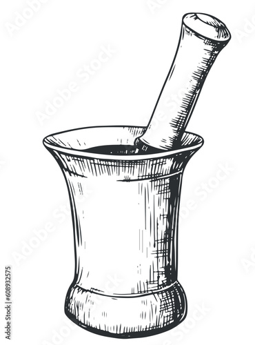Copper mortar for grinding herbs on a white background. Hand drawn vector sketch. Drawing in the technique of engraving. Antique rustic kitchen utensils. Provencal crockery.