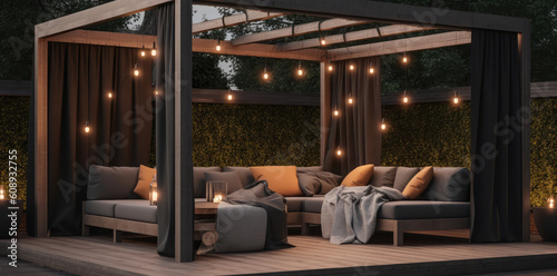 a beautiful outdoor living space with pergola to enjoy a light, generative AI © Kien