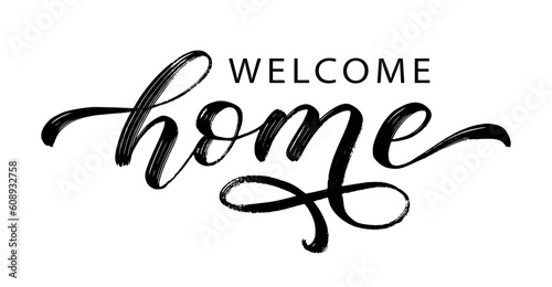 WELCOME HOME text. Vector welcome home word. Typography cozy design for print to poster, banner, welcome doormat, card for your sweet home. Calligraphic quote Vector illustration photo