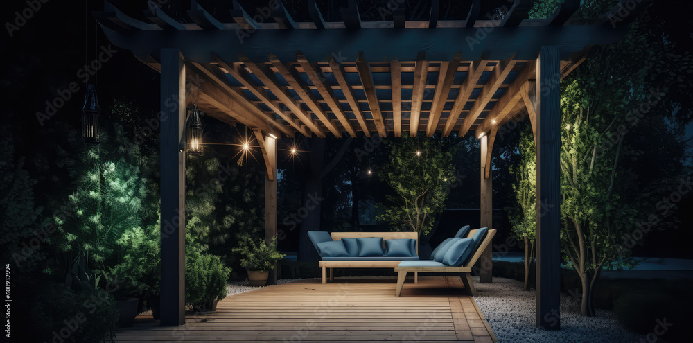 a beautiful outdoor living space with pergola to enjoy a light, generative AI