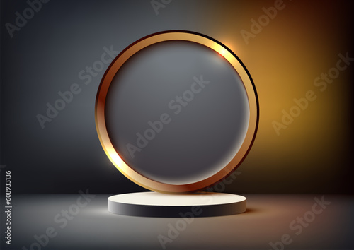3D realistic empty white podium with gold circle border backdrop on dark background and lighting effect modern luxury style © phochi