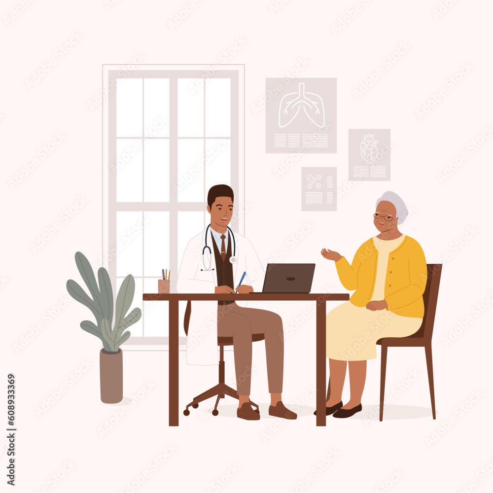 Smiling Black Male Doctor Or General Practitioner Having A Clinical Consultation While Writing Notes For A Senior Woman Patient At His Office. Full Length. Flat Design Style, Character, Cartoon.
