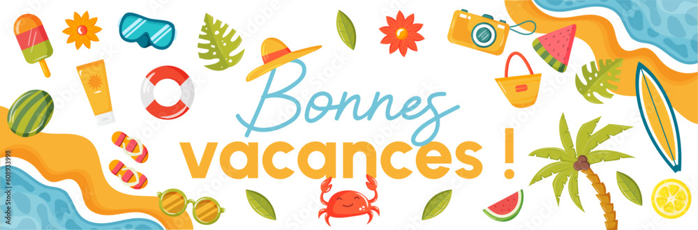Bannière - Bonnes vacances - Titre et illustrations vectorielles éditables colorées autour de l'été et de la plage 