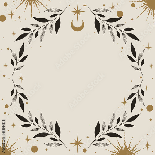 Vector mystic celestial frame with stars, crescents, leaves and a copy space. Banner with an elegant border and a place for text photo