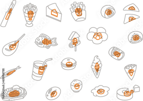  アウトラインの料理食べ物アイコンセット　オレンジ