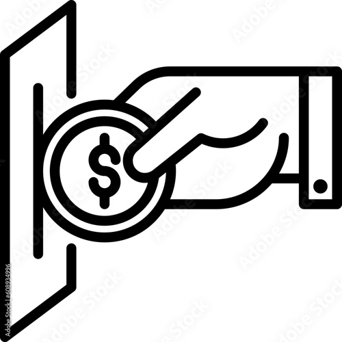 Hand inserting coin in payment slot. Payment for laundry, gaming, purchase. Thin line icon. Modern vector illustration.