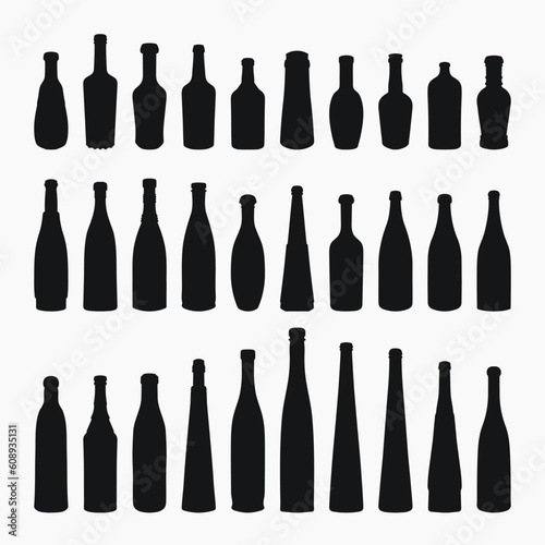 Shape of silhouettes of glass bottles for alcohol, wine, whiskey, vodka, brandy, cognac, beer, kvass, champagne, liqueur