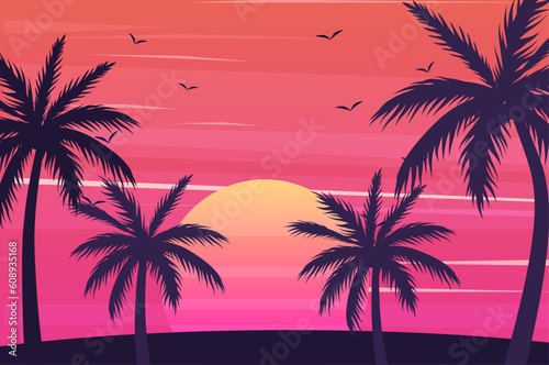 Colorful palm silhouettes wallpaper landscape background © AinStory