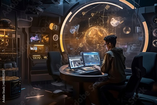 Wallpaper Mural Man Monitoring Global Geographical Data on Multiple Screens in Sophisticated High-Tech Control Roo Torontodigital.ca