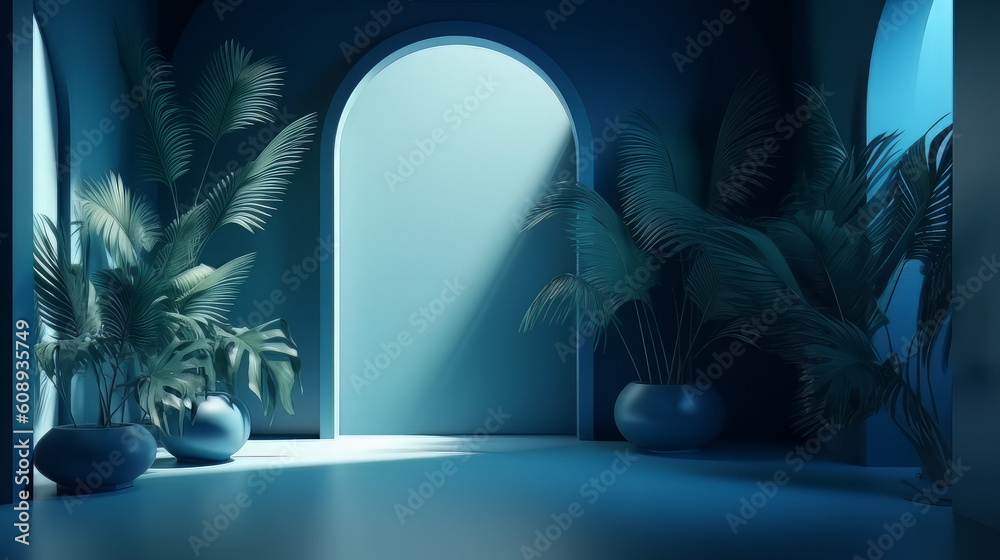 Abstract gradient blue studio background for product presentation. Empty  room with shadows of window and flowers and palm leaves . 3d room with copy  space. Summer concert. Blurred backdrop Stock Illustration