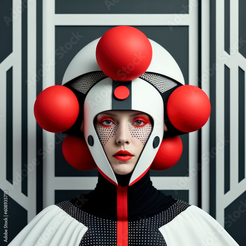 Futuristic Femme Fatale: A Minimalist Portrait with Spherical Helmet, Extravagant Attire, and Line-Formed Panel in Red, White, and Black. Generative ai