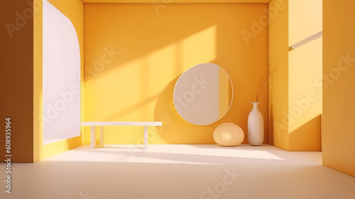 Abstract pastel yellow studio background for product presentation. Empty room with shadows of window. Display product with blurred backdrop