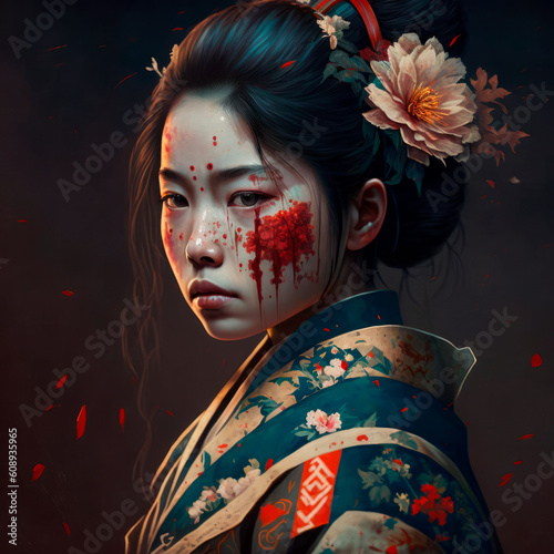 Bloody Beauty: A Tragic Geisha in Red Robe with Flowers. Generative Ai