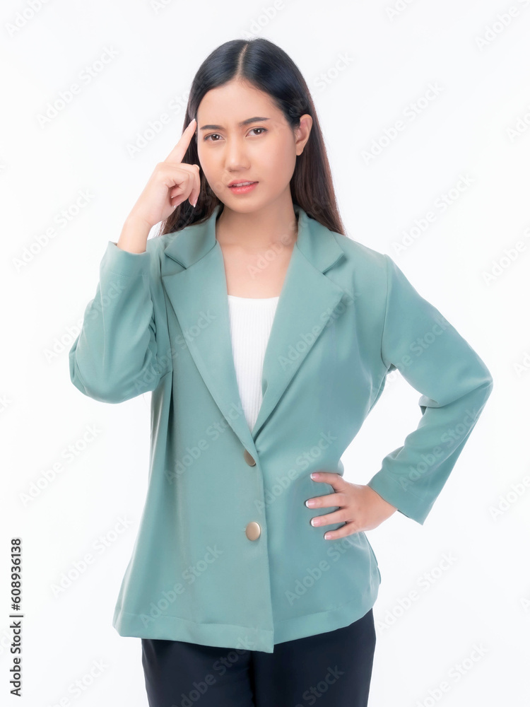 Young beautiful female employee whit suit of the company She pointed a finger to her head and smiled isolated on white background ,She shows that she is coming up with new plans to get her work done Young beautiful female employee whit suit of the company She pointed a finger to her head and smiled isolated on white background ,She shows that she is coming up with new plans to get her work done