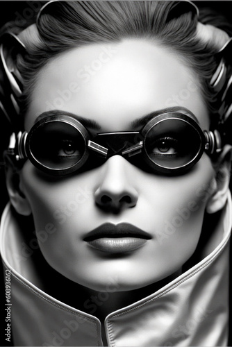 Captivating Woman with Pilot-Style Aviator Glasses: A Stunning Monochrome Portrait. Generative ai