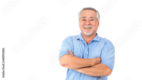 Portrait Asian senior man , old man , standing arms crossed feel happy good health isolated on white background with copy space - lifestyle senior male concept