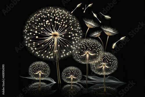 Dandelion seed pods graphic top view on black background. AI generated image
