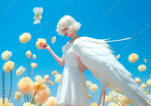 beautiful young woman with big angel wings in the field with flower over sky. AI Generated