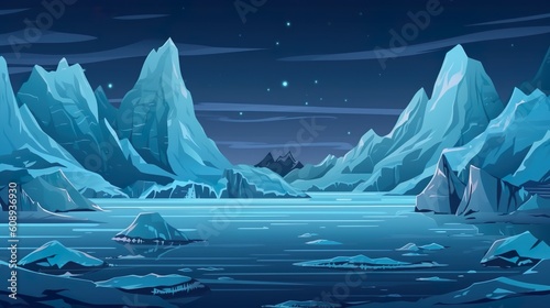 Abstract background night glaciers. Illustration of night glaciers in a banner design with an abstract background, to portray the atmosphere of icy landscapes under the night sky. Generative AI.