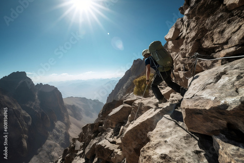 An aerial view captures a climber's daring ascent up a steep mountain face, with rugged terrains stretching out below and a clear blue sky above. © Davivd
