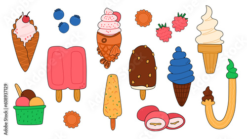 Set of various traditional ice creams. Vector illustrations. Soft serve, mochi ice cream, kulfi, J cone ice cream clip-art.
