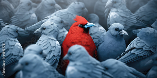 Difference concept showing by extraordinary bird standing out of the crowd, generative AI 
