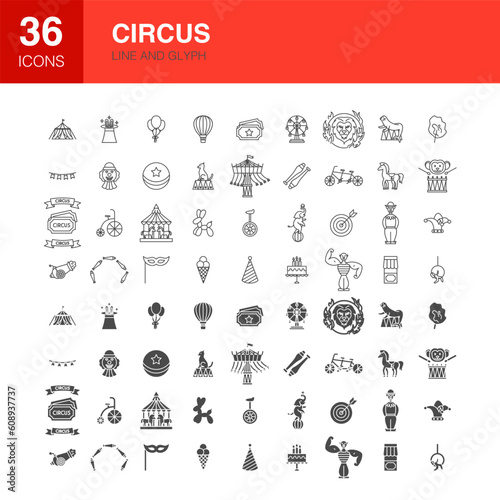 Circus Line Web Glyph Icons. Vector Illustration of Holiday Outline and Flat Symbols.