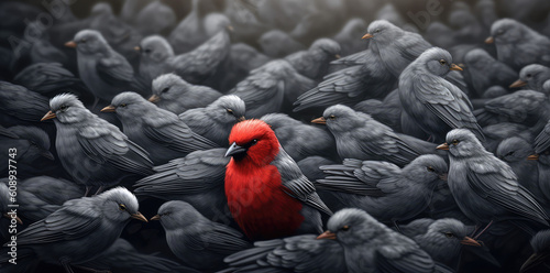Difference concept showing by extraordinary bird standing out of the crowd, generative AI  photo