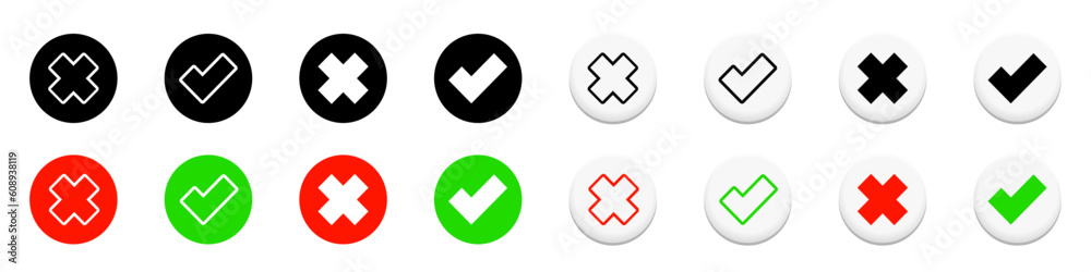Green check mark and red cross icon set. flat and 3D icon collection Green check mark and red cross icon set. flat and 3D icon collection
