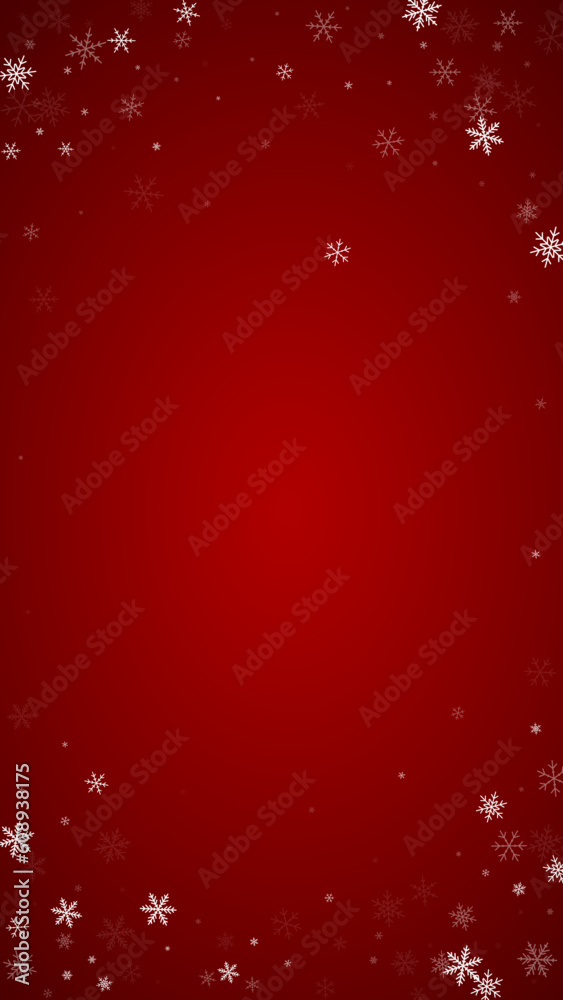 Snowy christmas background. Subtle flying snow flakes and stars on christmas red background. Delicate sweet snowy christmas. Vertical vector illustration. Snowy christmas background. Subtle flying snow flakes and stars on christmas red background. Delicate sweet snowy christmas. Vertical vector illustration.