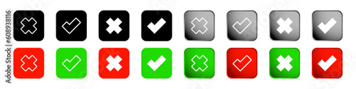 Green check mark and red cross icon set. flat and 3D icon collection
