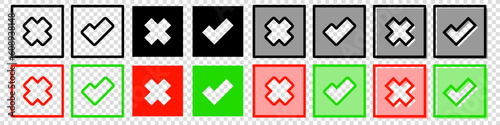 Green check mark and red cross icon. Set of simple icons in flat style