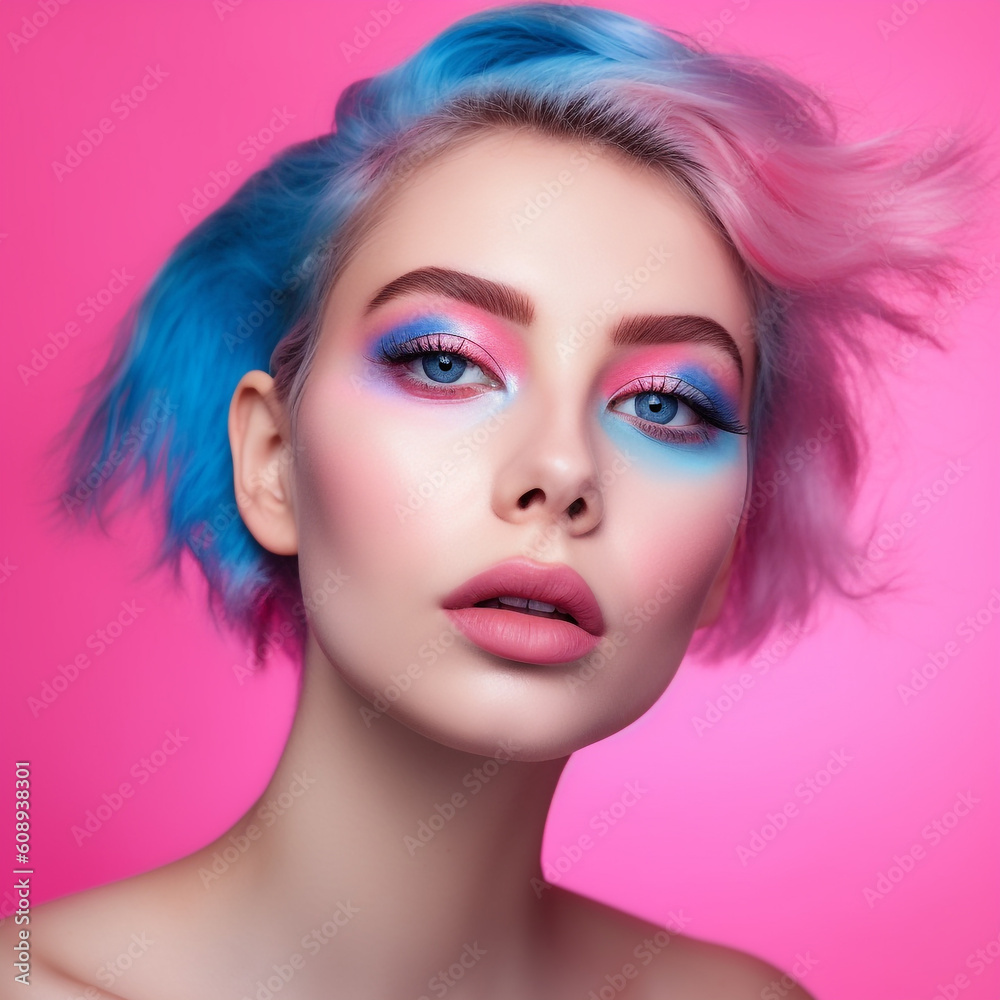 Fashion portrait of beautiful young woman with blue and pink hair and bright makeup. Beautiful young woman in fashion image with blue hair and vibrant cosmetics. Portrait of a stunning fashion woman Fashion portrait of beautiful young woman with blue and pink hair and bright makeup. Beautiful young woman in fashion image with blue hair and vibrant cosmetics. Portrait of a stunning fashion woman