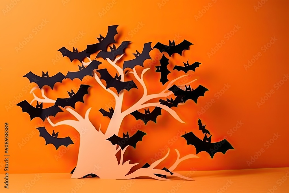 Silhouette of a tree with perched bats on an orange background. Generative AI
