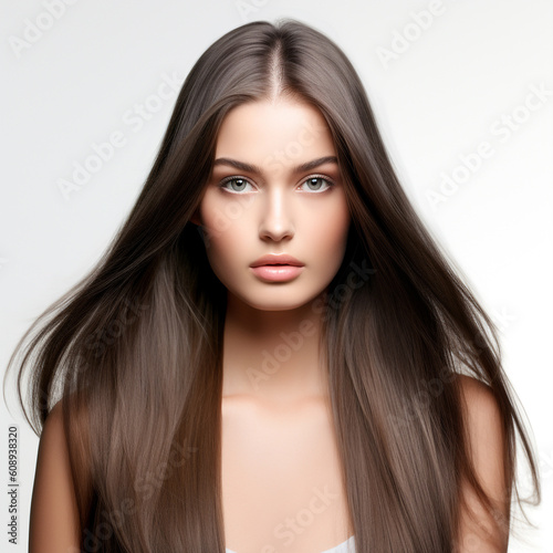 Portrait of beautiful young woman with long straight hair. Girl with makeup. Portrait of a lovely young lady with long brown straight hair. Young adult Girl with natural makeup. Front portrait.