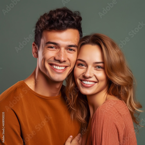Portrait of a happy young couple hugging each other and looking at camera. Young couple smiling and hugging.