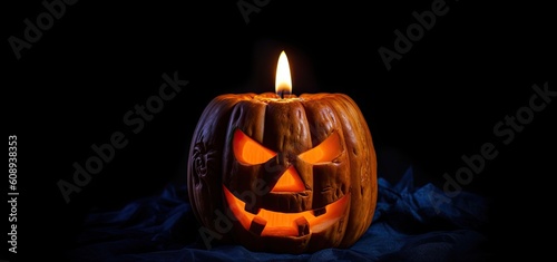 Halloween pumpkin Jack-o'-Lantern with light on a black background. Generative AI © Gelpi