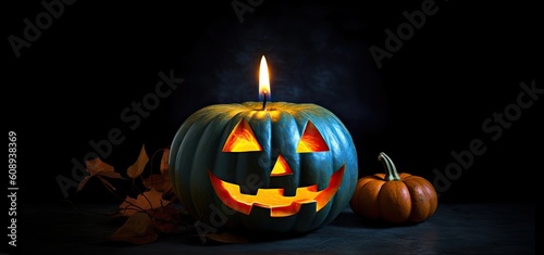 Halloween pumpkin Jack-o'-Lantern with light on a black background. Generative AI